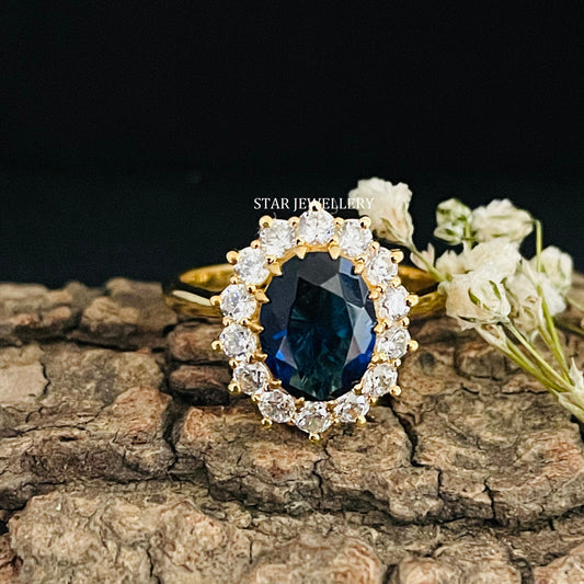 Blue Sapphire Natural Diamond Halo Ring