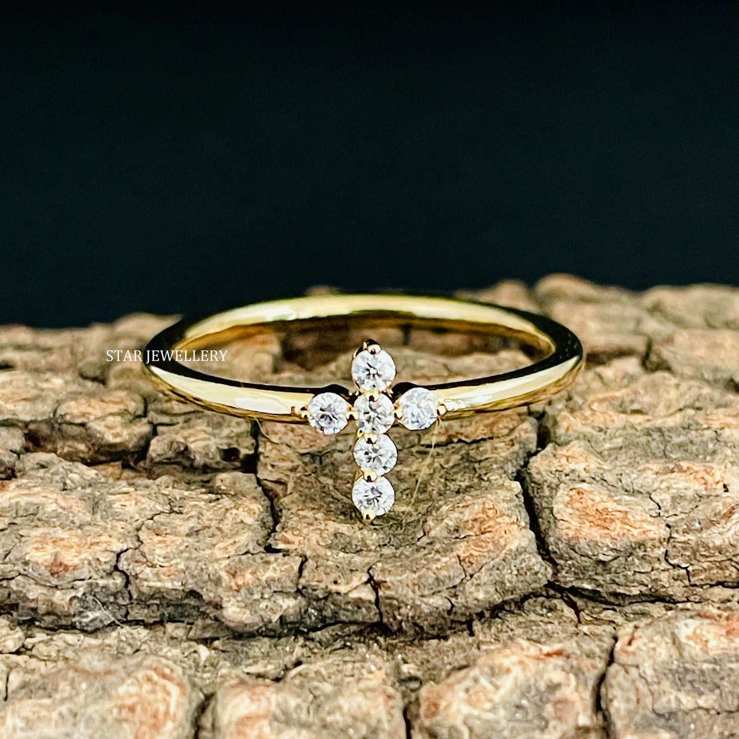 14K Gold Natural Diamond Dainty Cross Ring