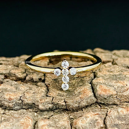 14K Gold Natural Diamond Dainty Cross Ring