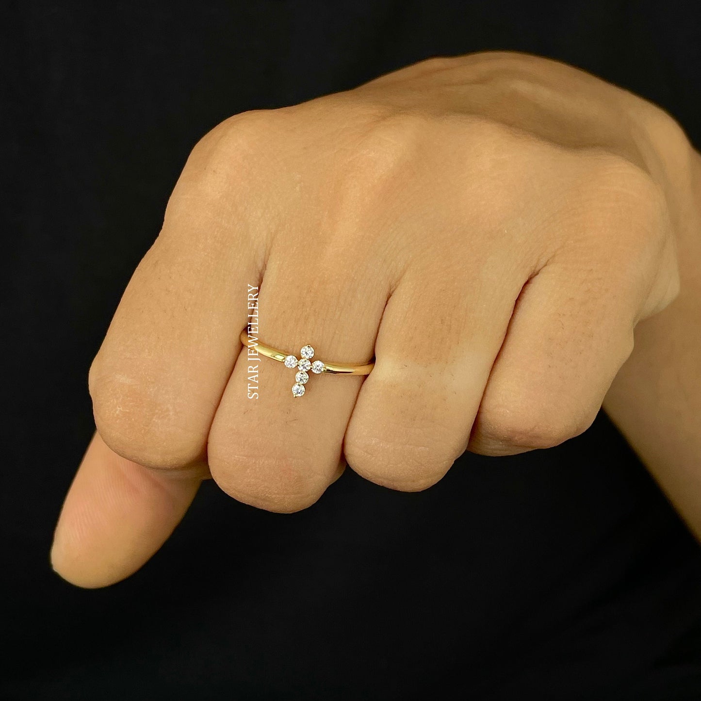 14K Gold Natural Diamond Dainty Cross Ring