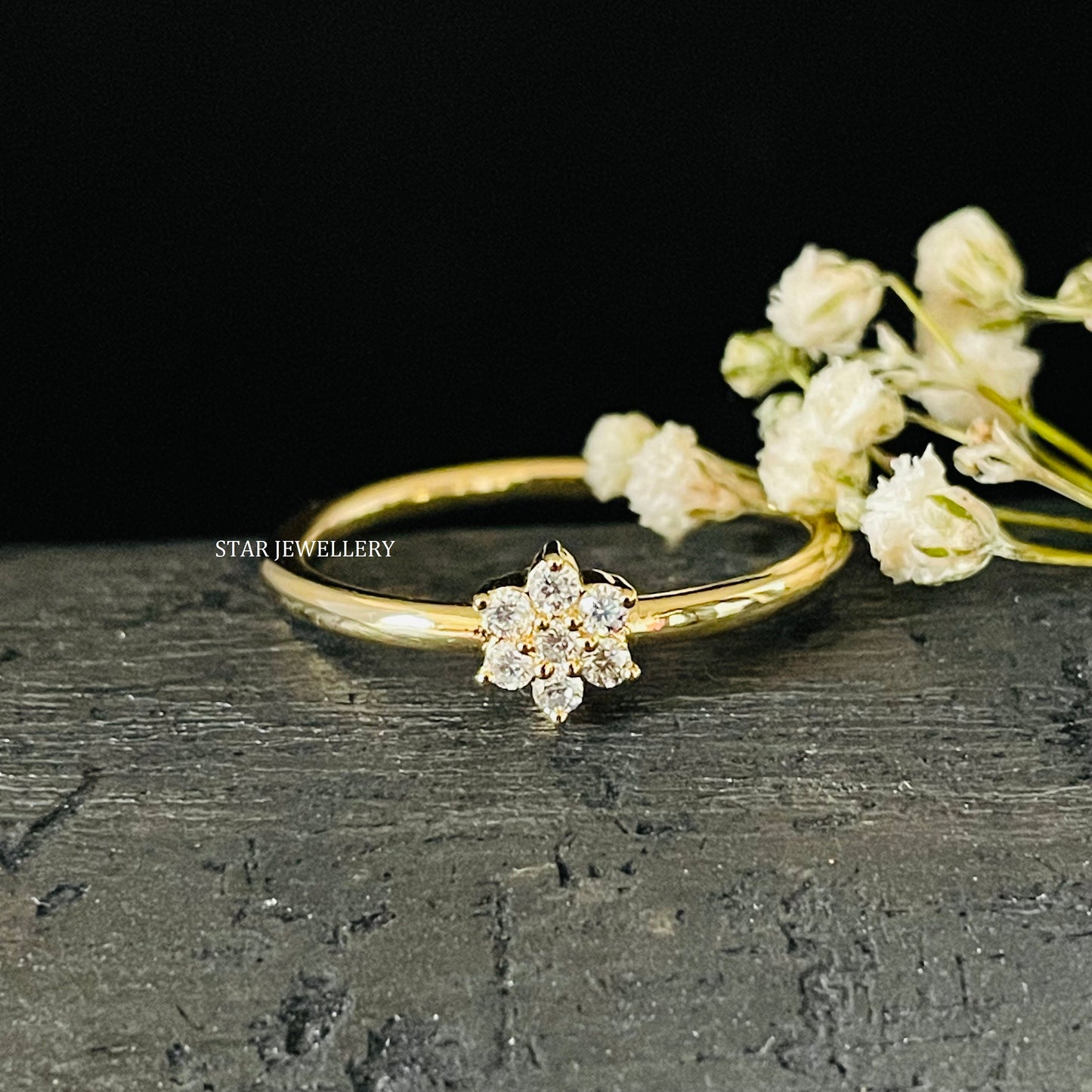 Solid Gold Natural Diamond Dainty Flower Minimalist Ring