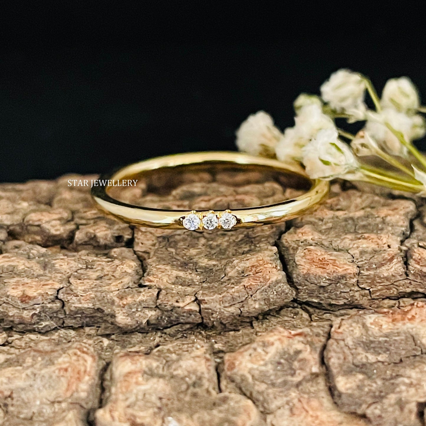 Solid Gold Flush Set Three Diamond Ring