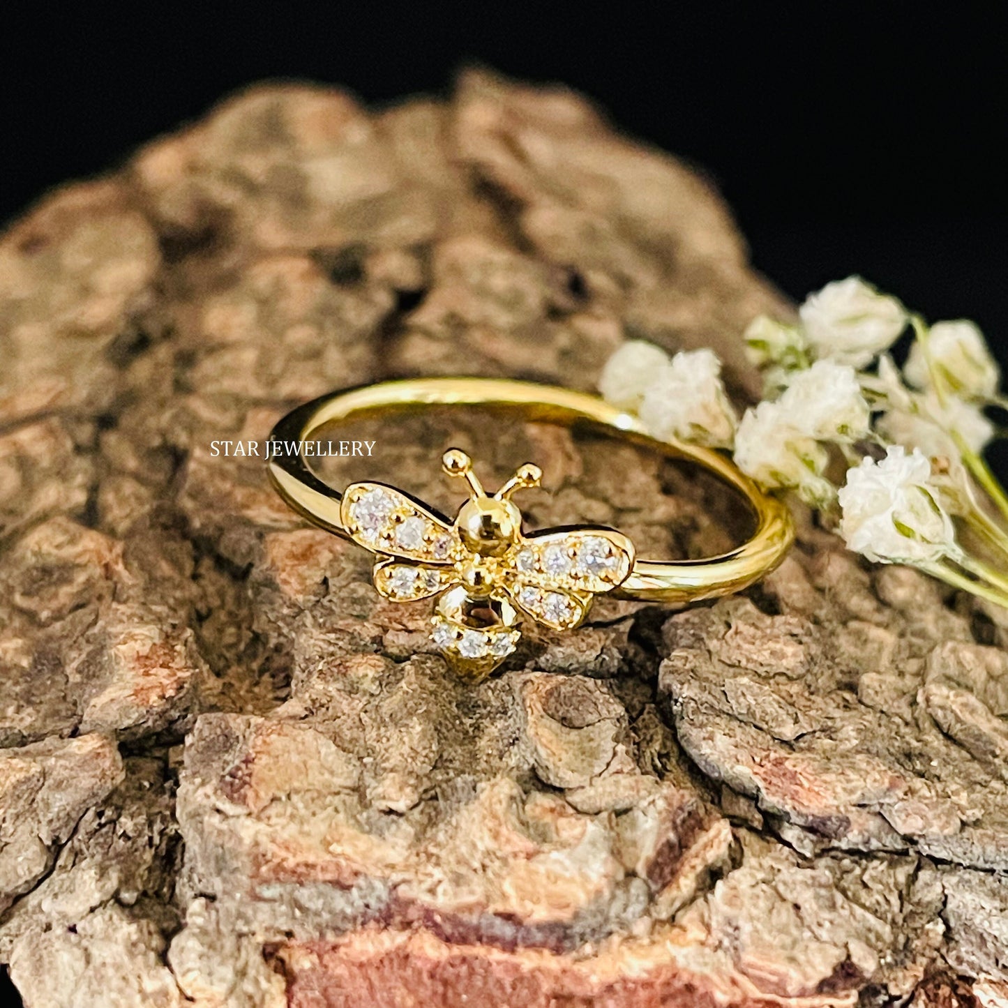 Solid Gold Natural Diamond Dainty BEE Ring
