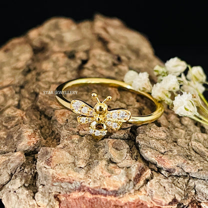 Solid Gold Natural Diamond Dainty BEE Ring