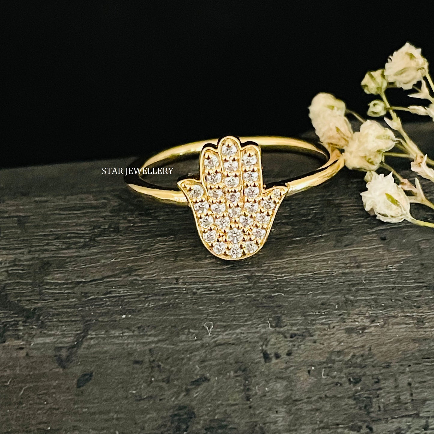 Solid Gold Natural Diamond Hamsa Ring