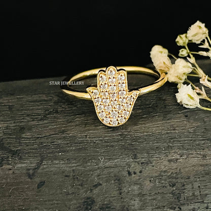 Solid Gold Natural Diamond Hamsa Ring