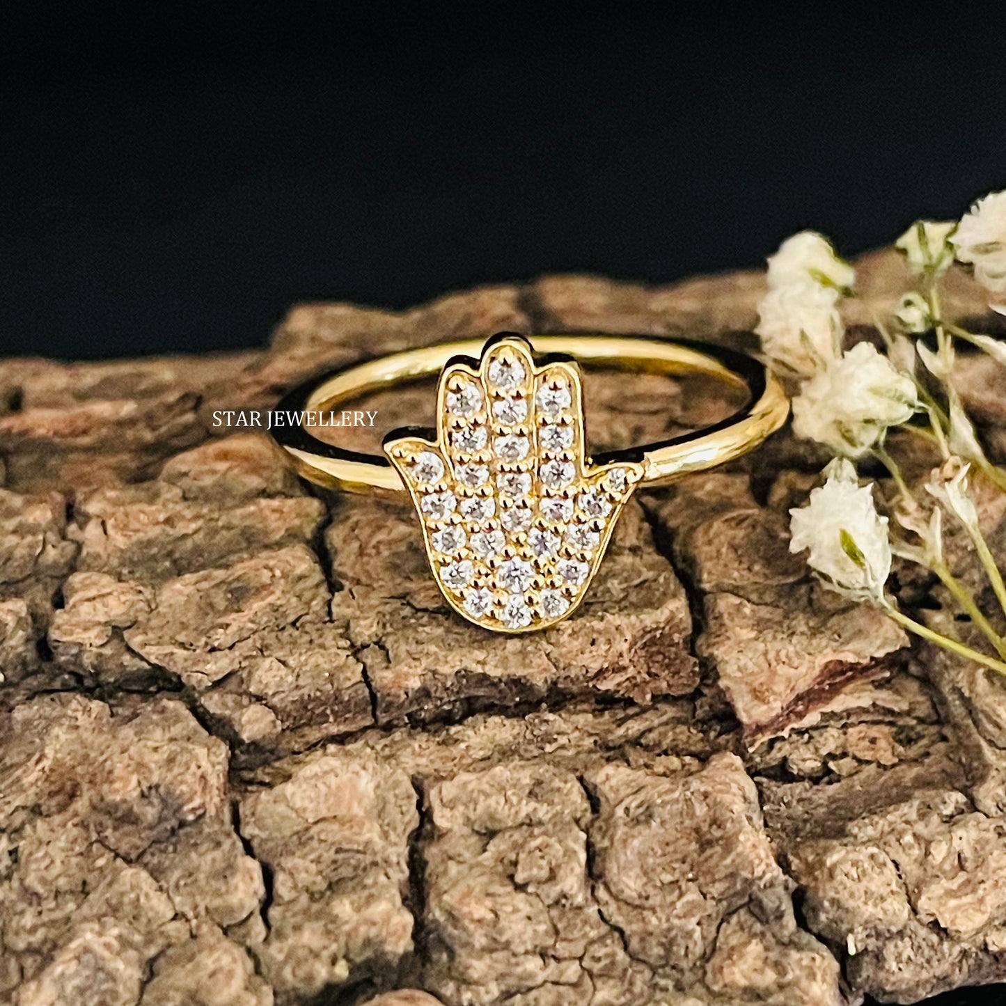 Solid Gold Natural Diamond Hamsa Ring