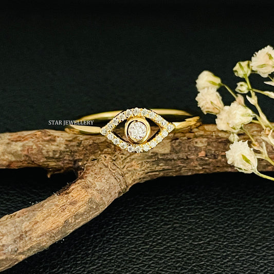 14K Solid Gold Natural Diamond Evil Eye Ring