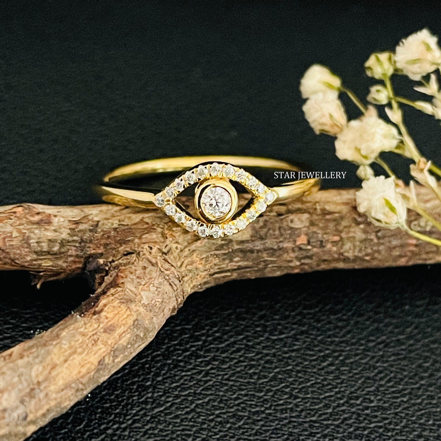 14K Solid Gold Natural Diamond Evil Eye Ring