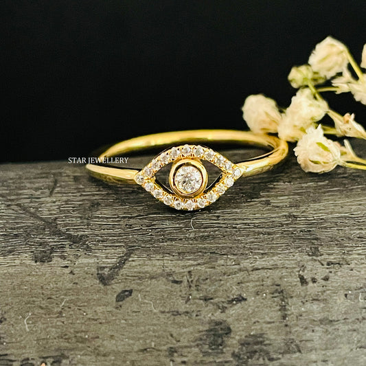 14K Solid Gold Natural Diamond Evil Eye Ring