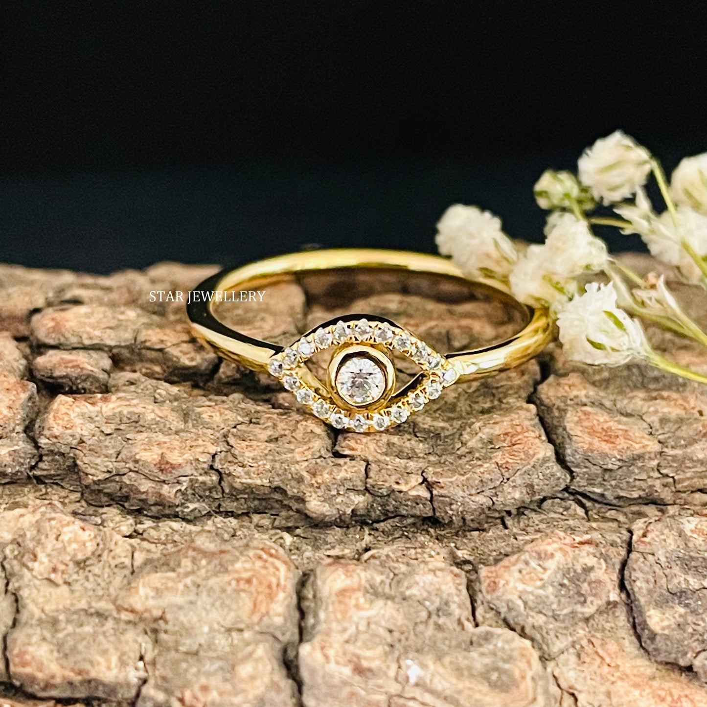 14K Solid Gold Natural Diamond Evil Eye Ring