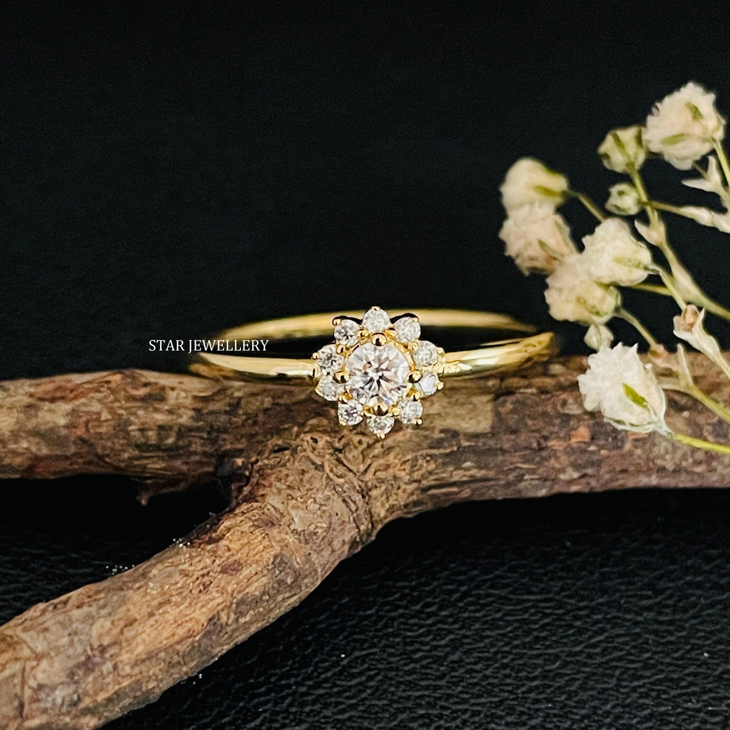 Solid Gold CVD Diamond Dainty Flower Minimalist Ring