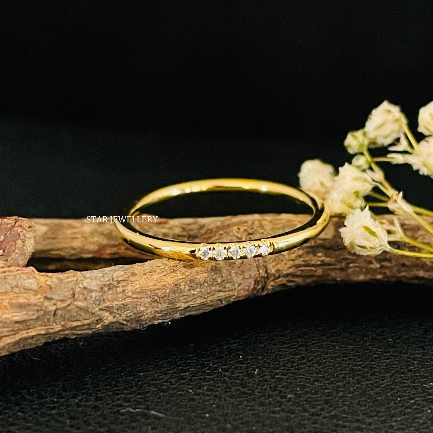 Solid Gold Pave Set Five Diamond Ring
