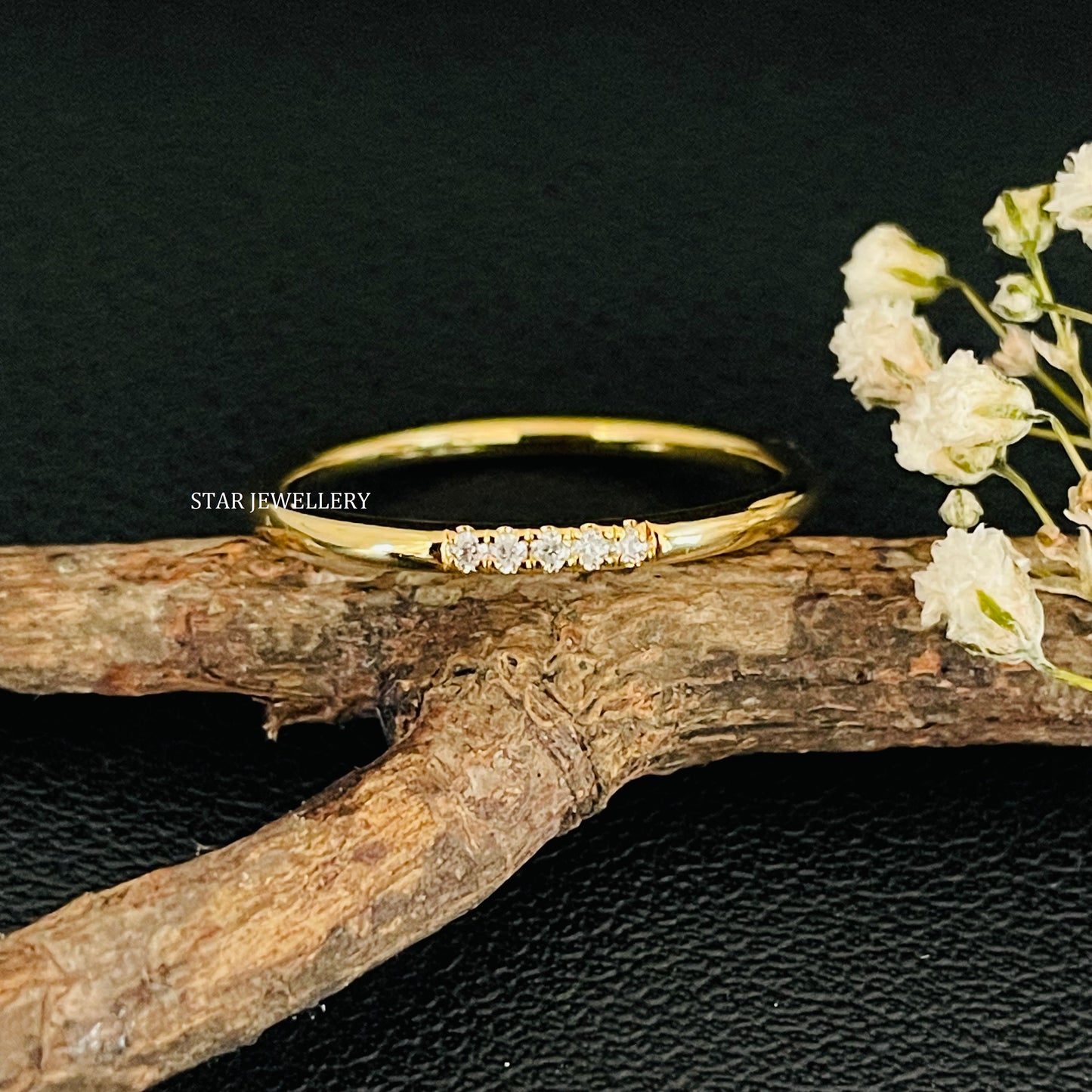 Solid Gold Pave Set Five Diamond Ring