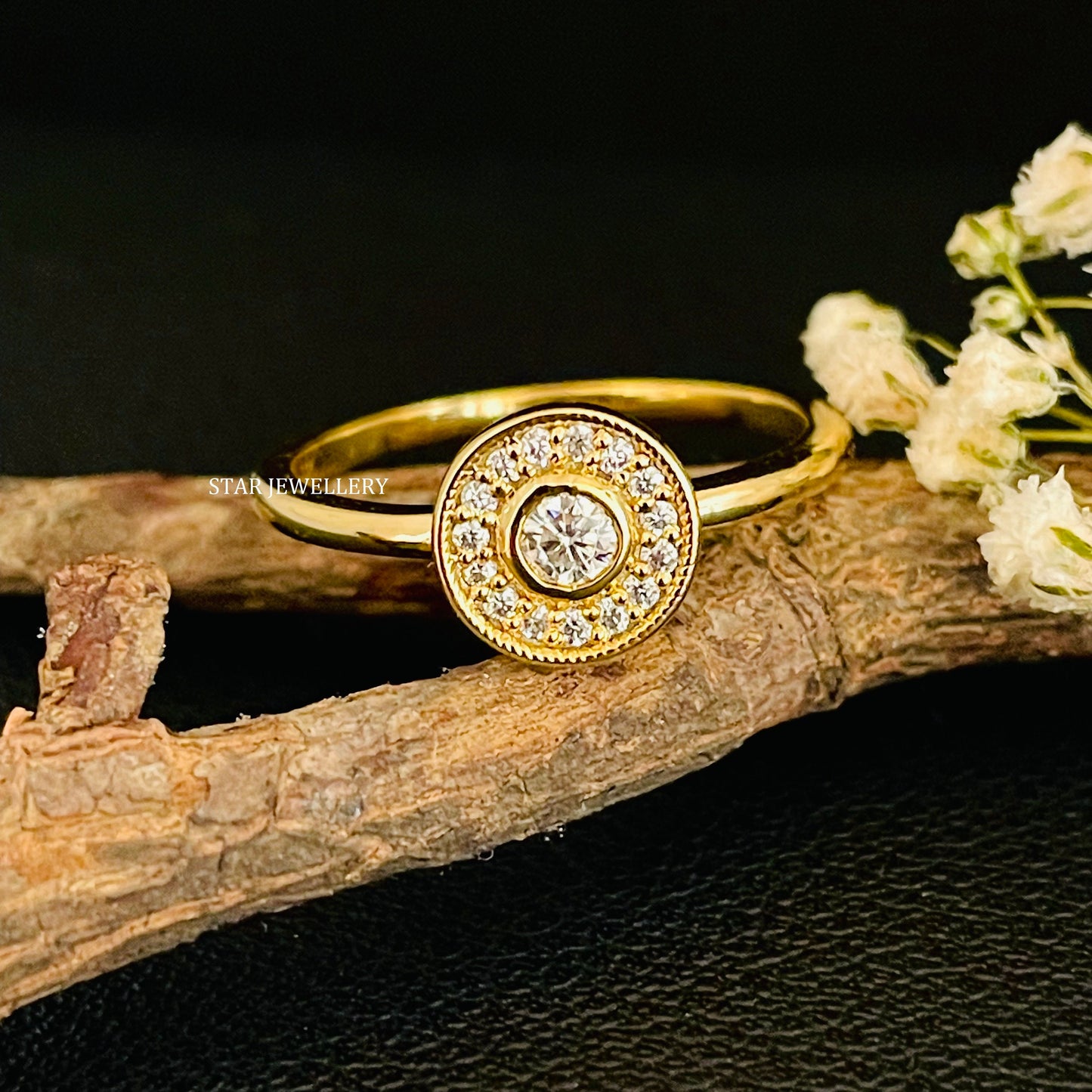 14K Gold Lab Diamond Bezel Diamond Halo Circular Ring