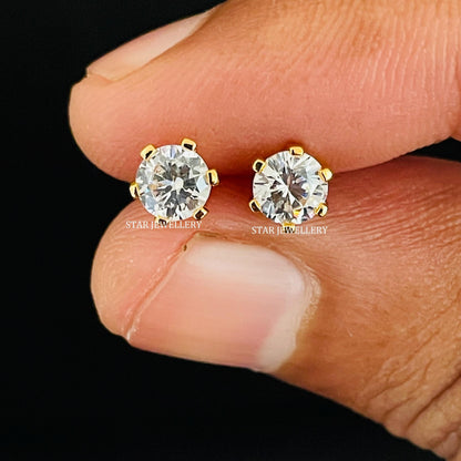 1.00 Ct CVD Diamond Stud Earrings: Six Prong Solid Gold Solitaire