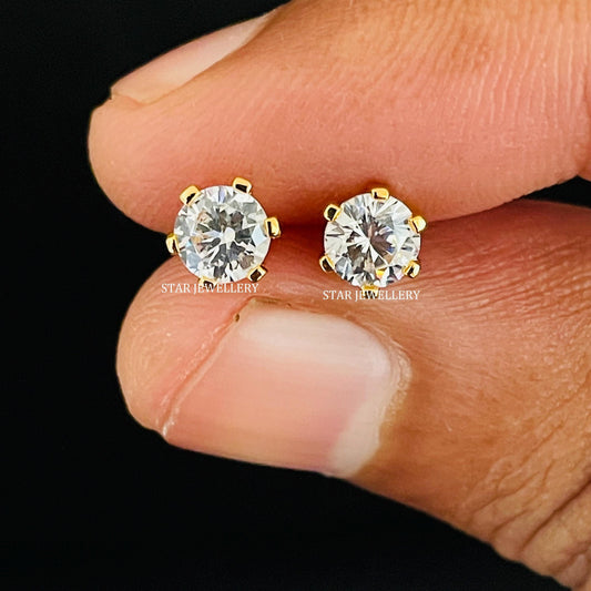 1.00 Ct CVD Diamond Stud Earrings: Six Prong Solid Gold Solitaire