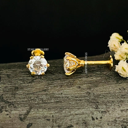 1.00 Ct CVD Diamond Stud Earrings: Six Prong Solid Gold Solitaire