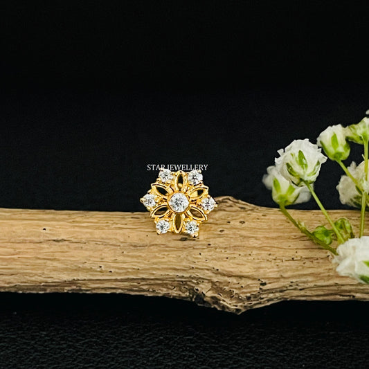 14K Gold Diamond Cluster Floral Threaded Nose / Ear Piercing