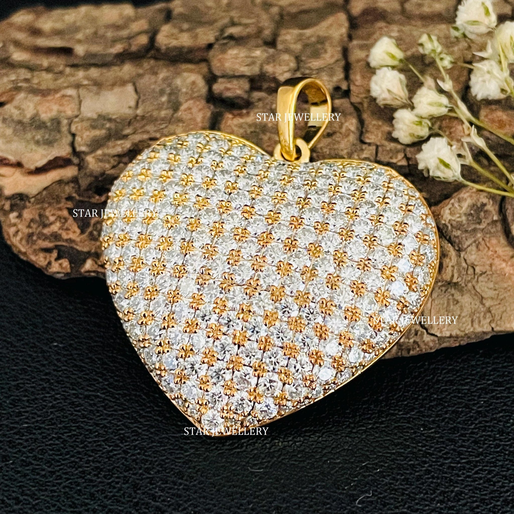 Natural Diamond Solid Gold Puffed Heart Pendant