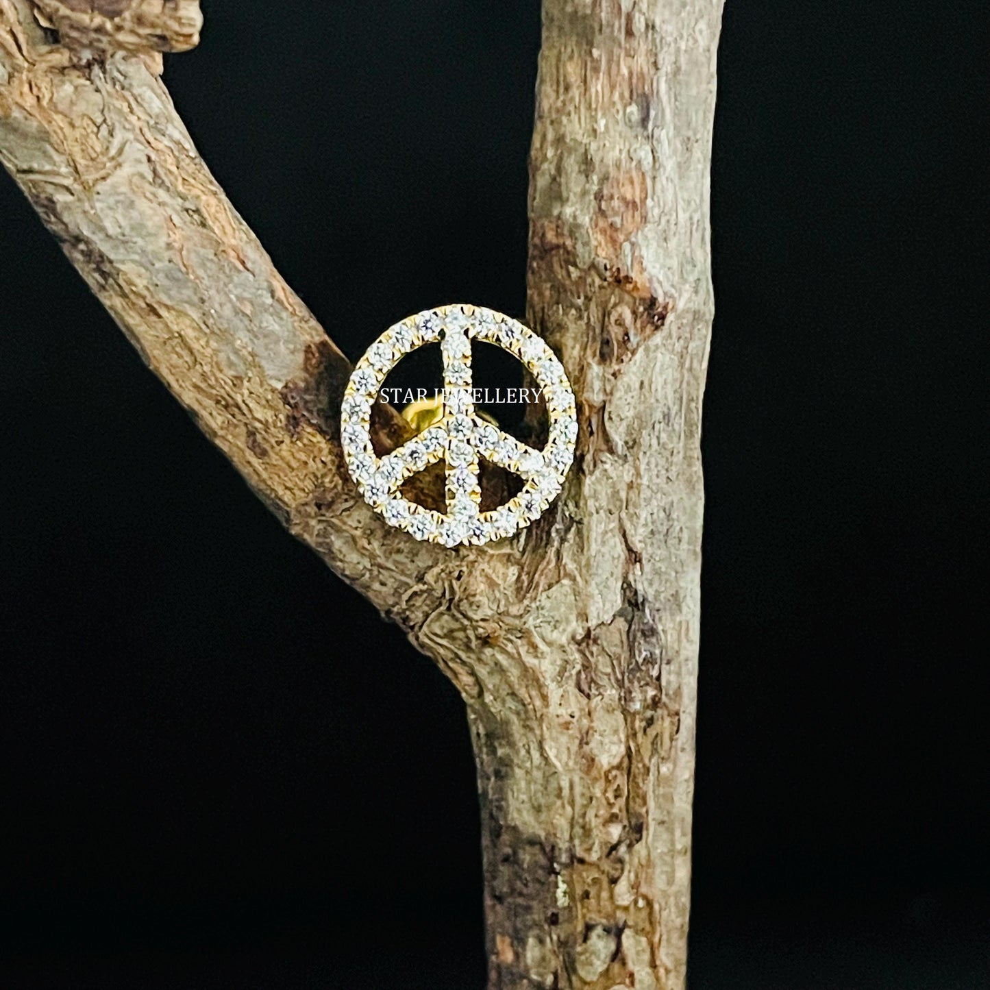 Natural Diamond Peace Sign Gold Ear Piercing