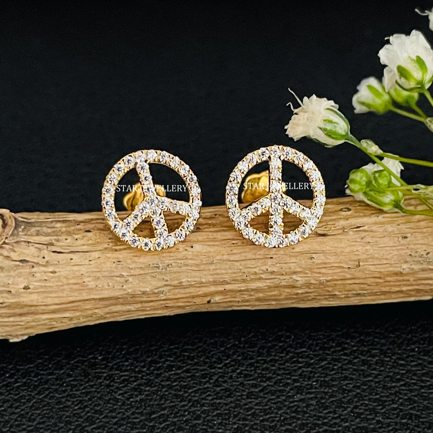 Natural Diamond Peace Sign Gold Ear Piercing