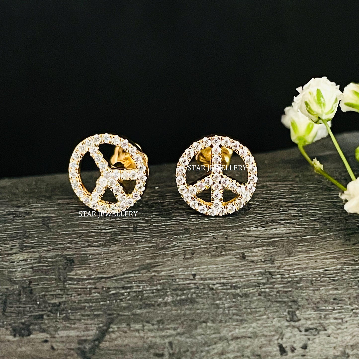 Natural Diamond Peace Sign Gold Ear Piercing