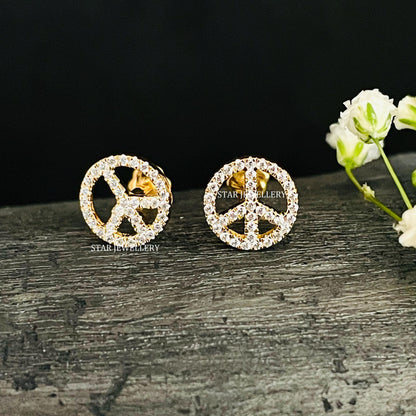 Natural Diamond Peace Sign Gold Ear Piercing