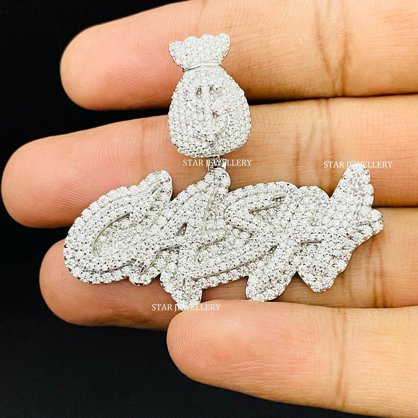 VVS Moissanite Custom Letter CASH Pendant with Money Bag Bail