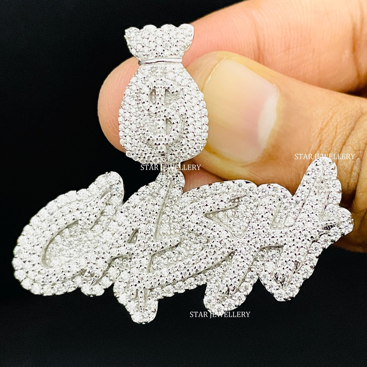 VVS Moissanite Custom Letter CASH Pendant with Money Bag Bail