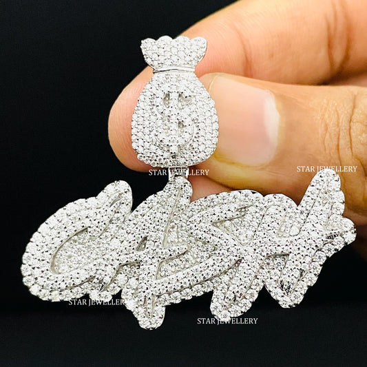 VVS Moissanite Custom Letter CASH Pendant with Money Bag Bail