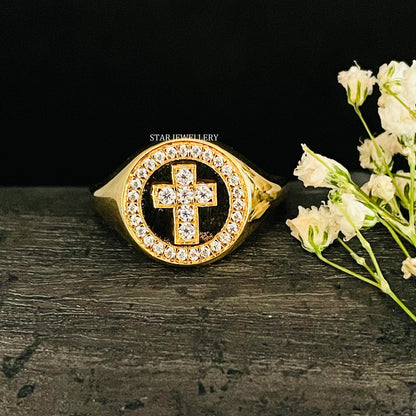 Natural Diamond Signet Halo Cross Ring