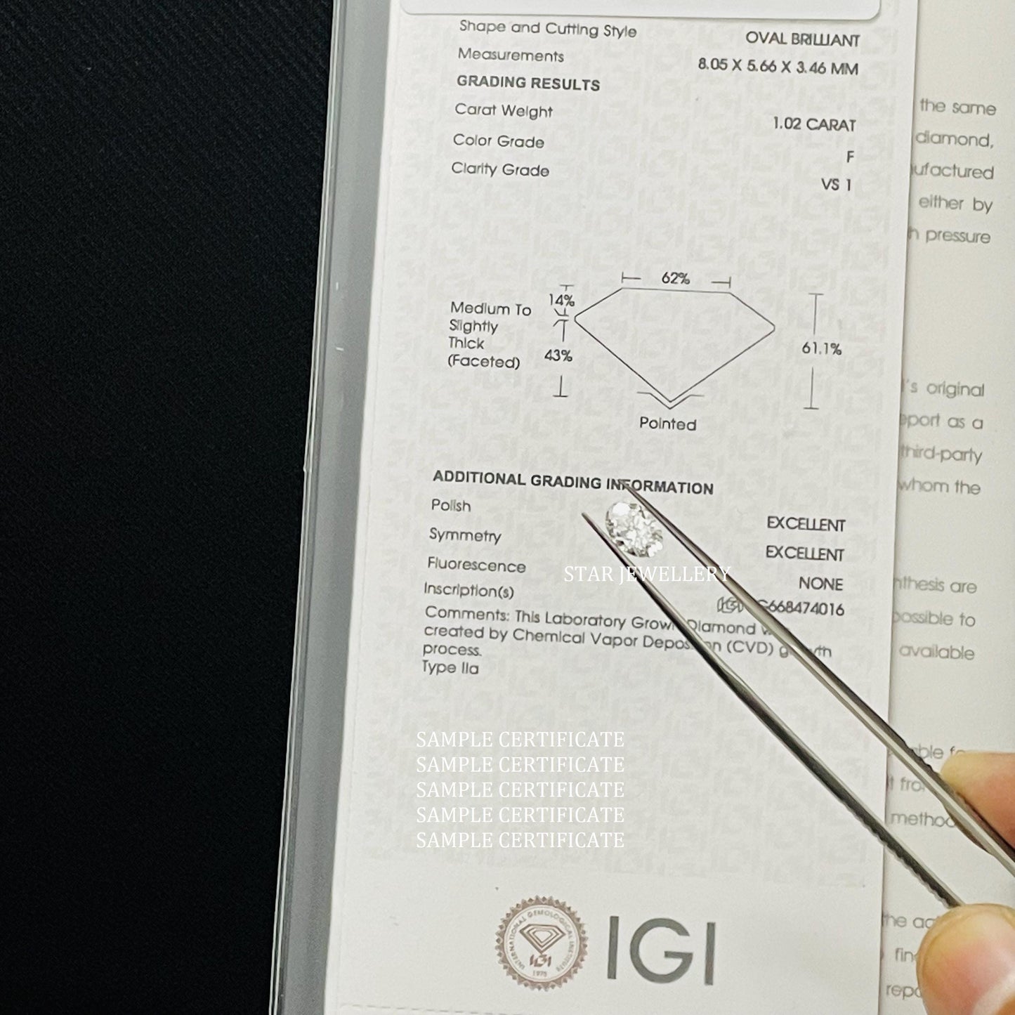 1.00 Ct Oval Cut VS1 - F Color IGI CVD Diamond for Ring