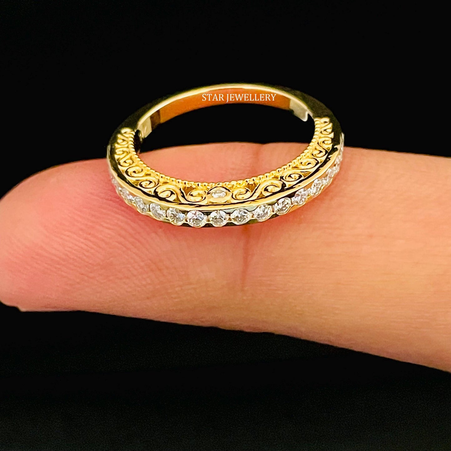 Solid Gold Half Eternity Natural Diamond Miligrain Ring