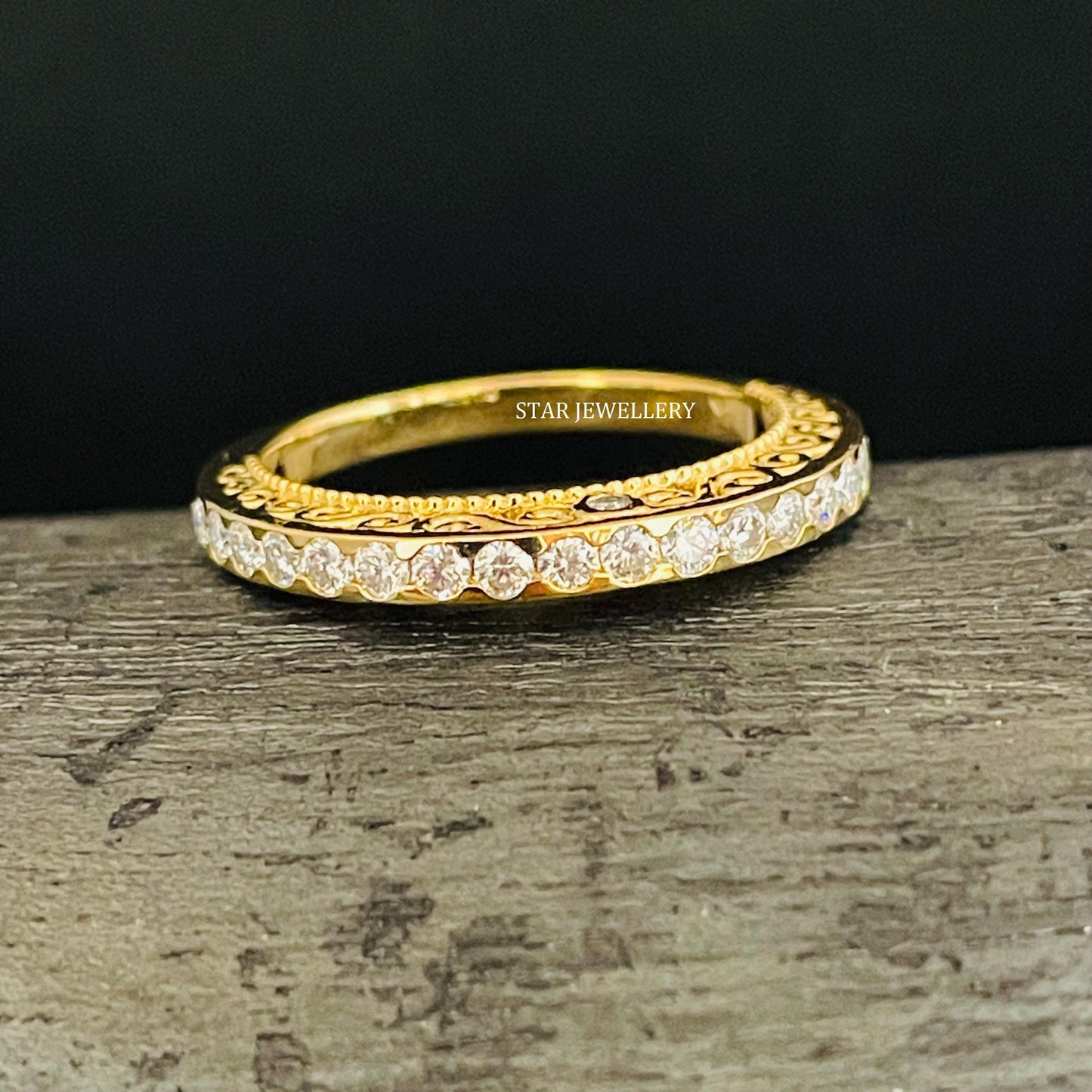 Solid Gold Half Eternity Natural Diamond Miligrain Ring