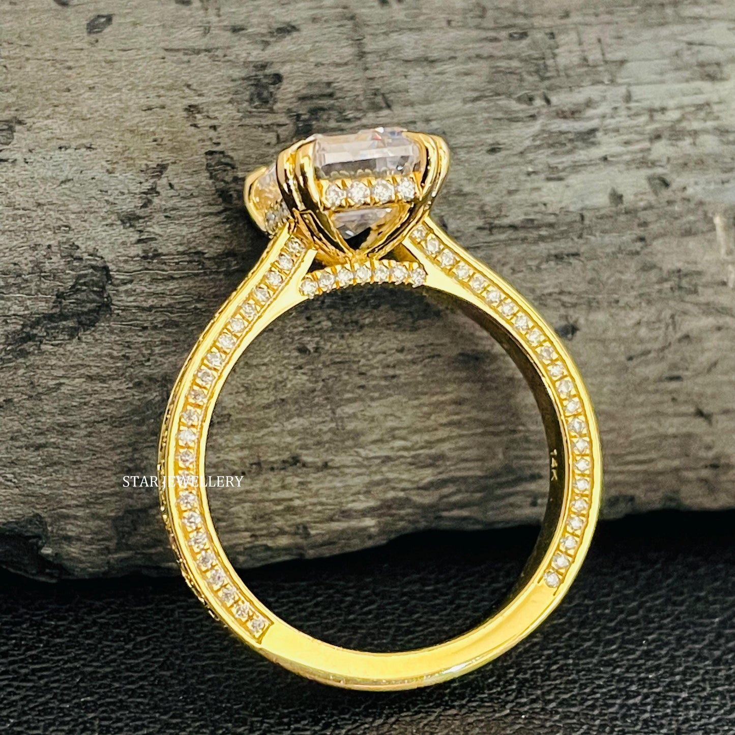 2 Ct Emerald Moissanite Proposal Ring with studded Shank