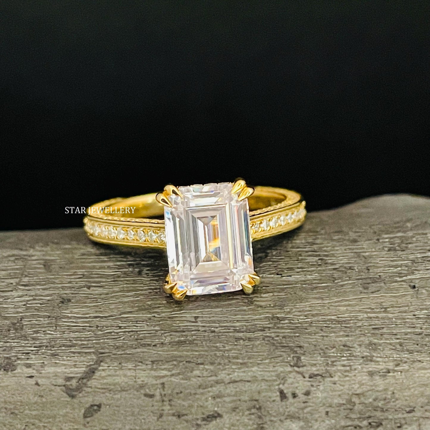 2 Ct Emerald Moissanite Proposal Ring with studded Shank
