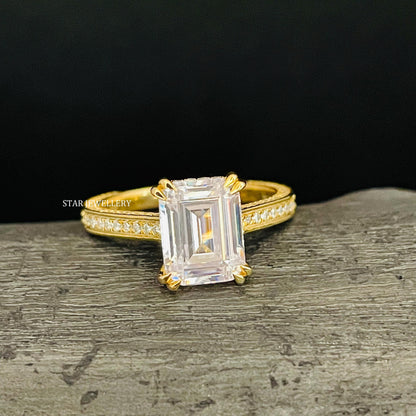 2 Ct Emerald Moissanite Proposal Ring with studded Shank
