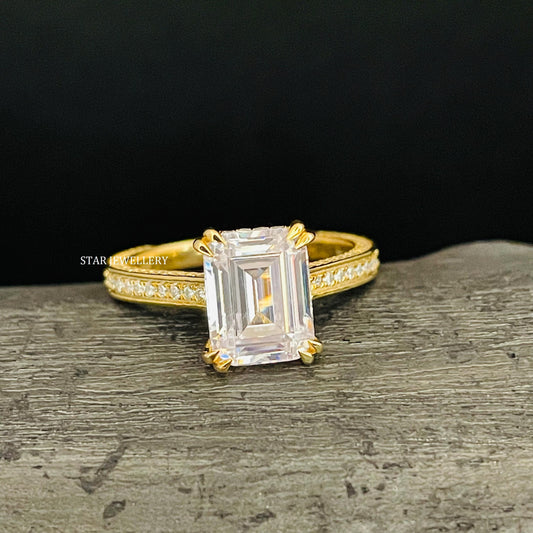 2 Ct Emerald Moissanite Proposal Ring with studded Shank