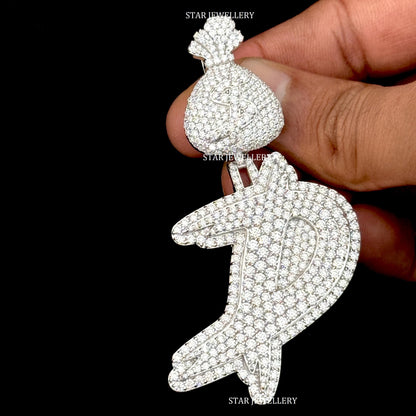 925 Sterling Silver Custom Moissanite Initial Pendant with Money Bag Bail