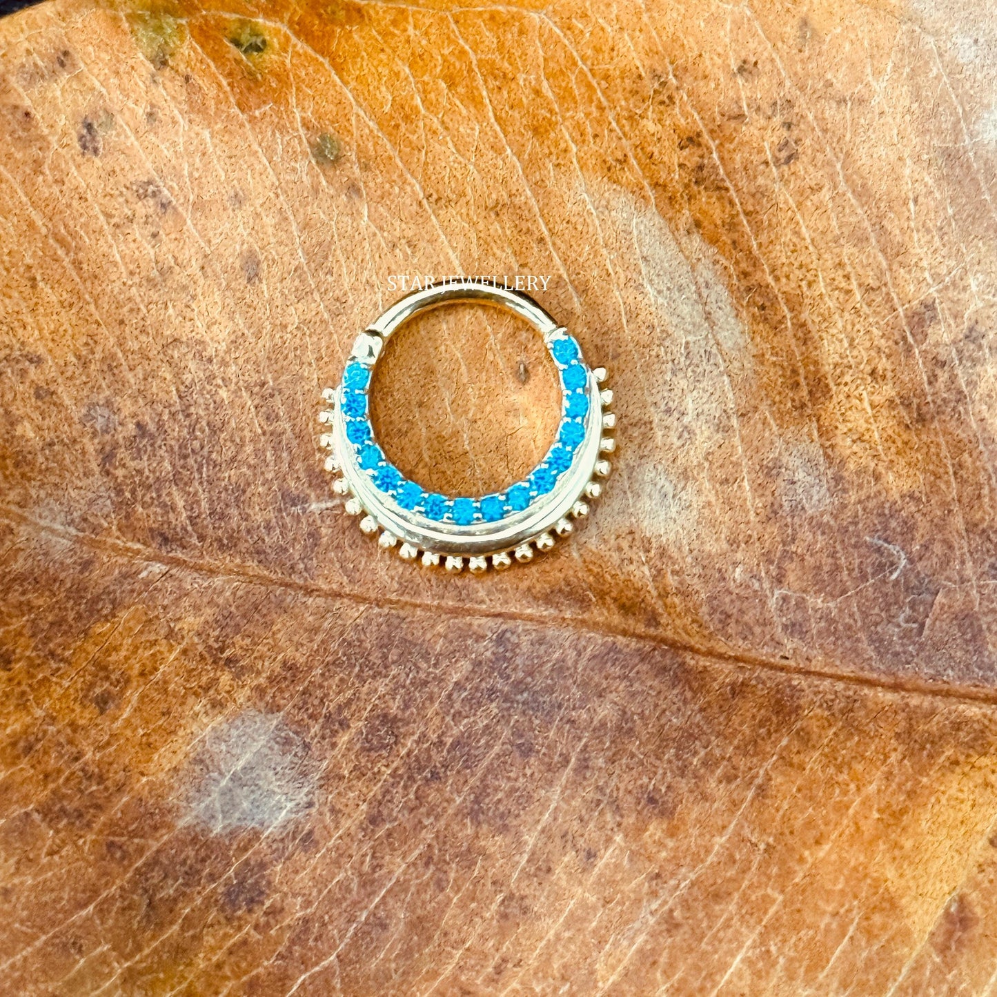 14K Gold Blue Topaz CZ Diamond Septum Nose Ring
