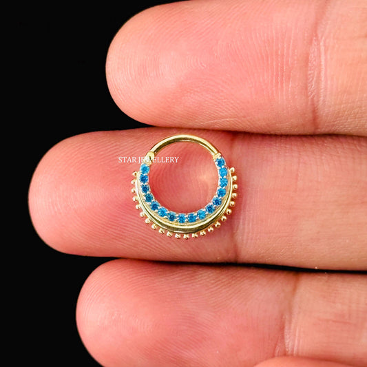 14K Gold Blue Topaz CZ Diamond Septum Nose Ring