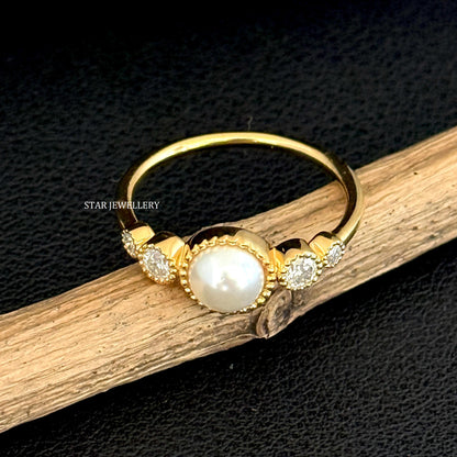 14K Solid Gold Diamond Pearl Miligrain Ring