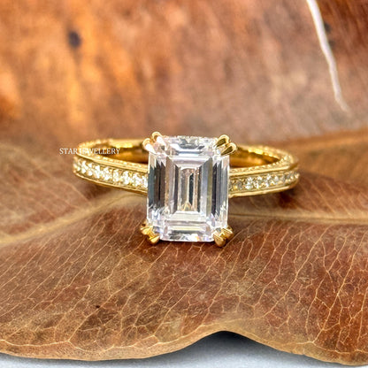 2 Ct Emerald Moissanite Proposal Ring with studded Shank