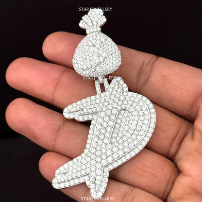 925 Sterling Silver Custom Moissanite Initial Pendant with Money Bag Bail
