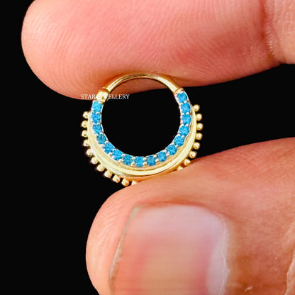 14K Gold Blue Topaz CZ Diamond Septum Nose Ring