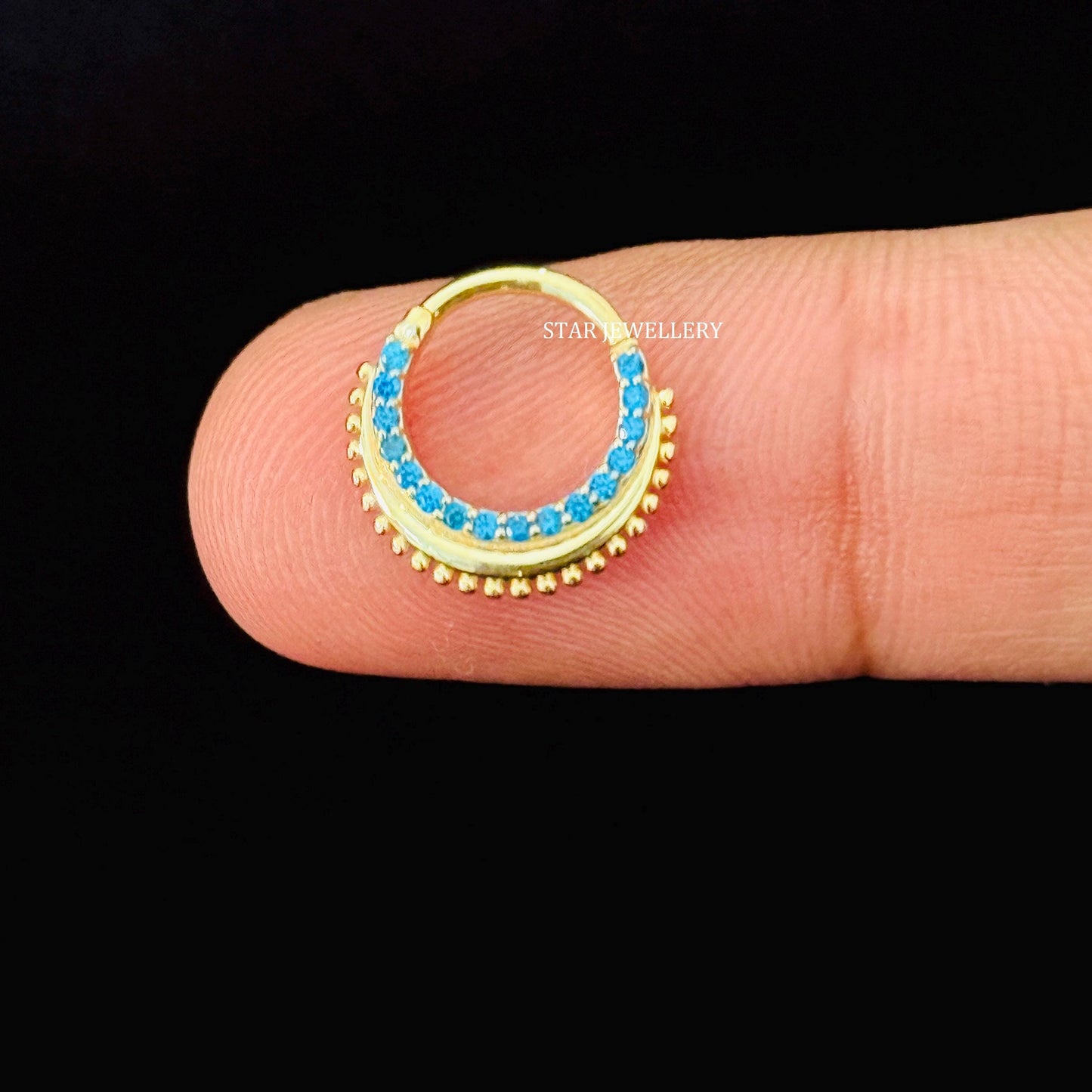 14K Gold Blue Topaz CZ Diamond Septum Nose Ring