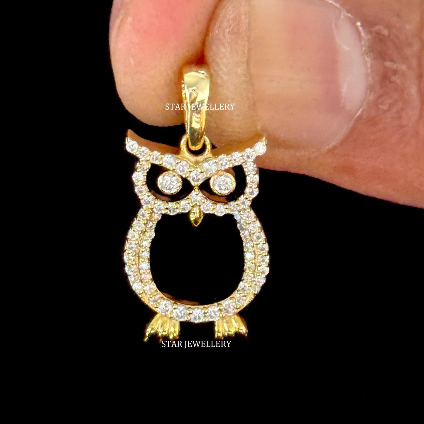 14K Gold Natural Diamond Owl Pendant