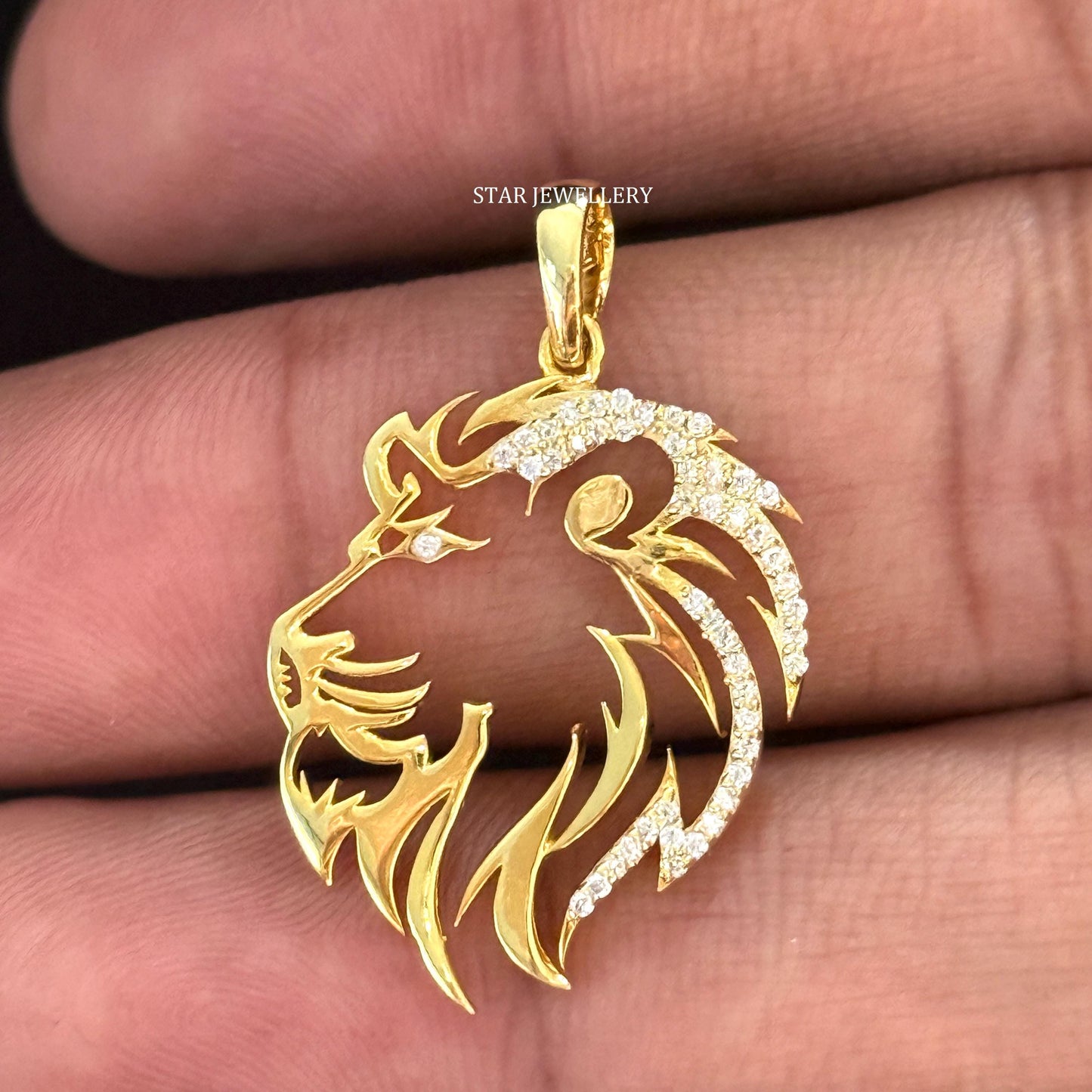 14K Gold Natural Diamond Lion Pendant