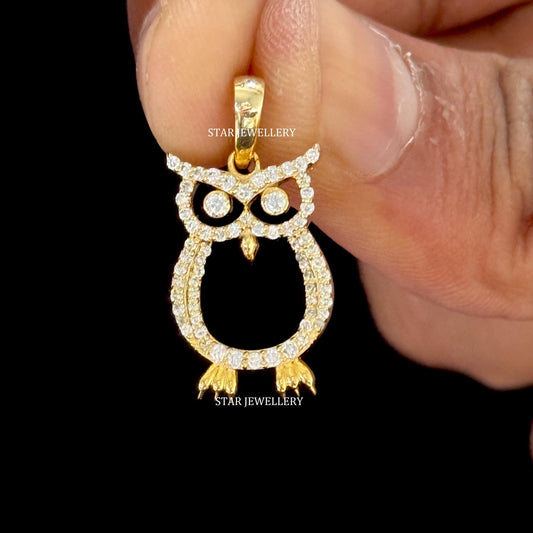 14K Gold Natural Diamond Owl Pendant